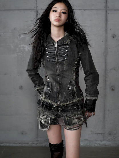 Denim Detachable Slim-Fit Hooded Jacket【s0000013951】