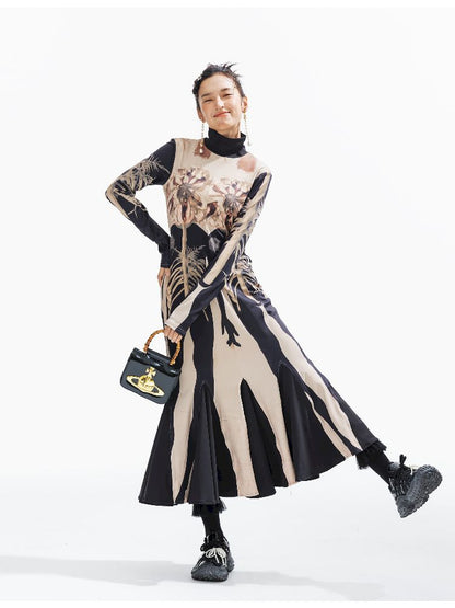 Printed Long Big Hem Dress【s0000011314】