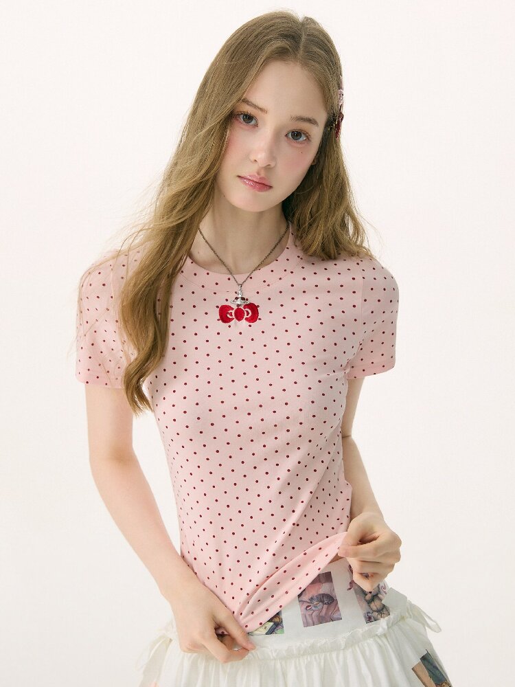 Polka Dot Bow Slim Short Sleeve T-Shirt【s0000016854】