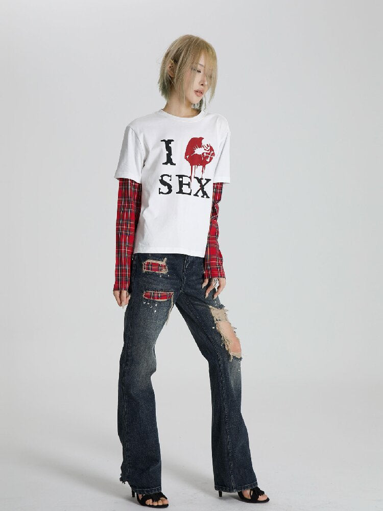 Red Plaid Patch Ripped Jeans【s0000018559】