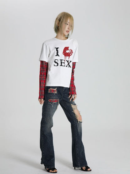 Red Plaid Patch Ripped Jeans【s0000018559】