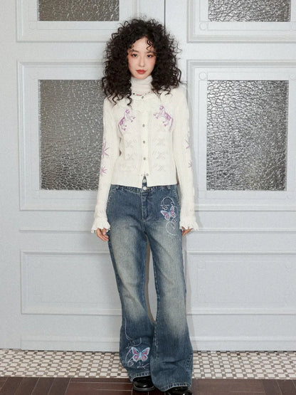 Butterfly Embroidered Slightly Flared Jeans【s0000013987】