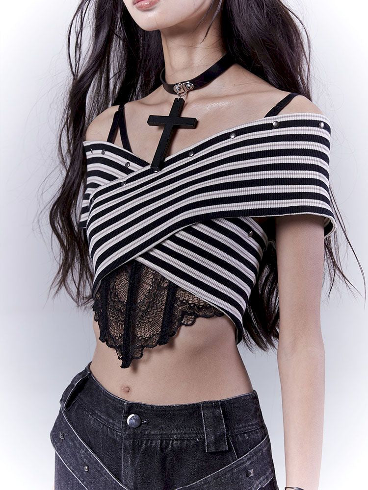 One-shoulder striped hot bustier top【s0000012839】