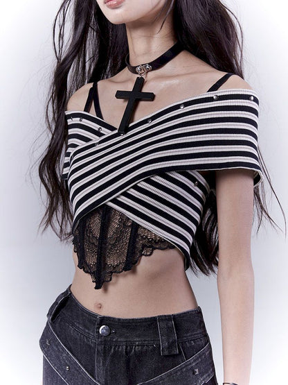 One-shoulder striped hot bustier top【s0000012839】