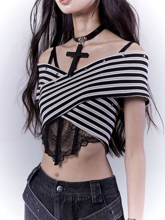 One-shoulder striped hot bustier top【s0000012839】