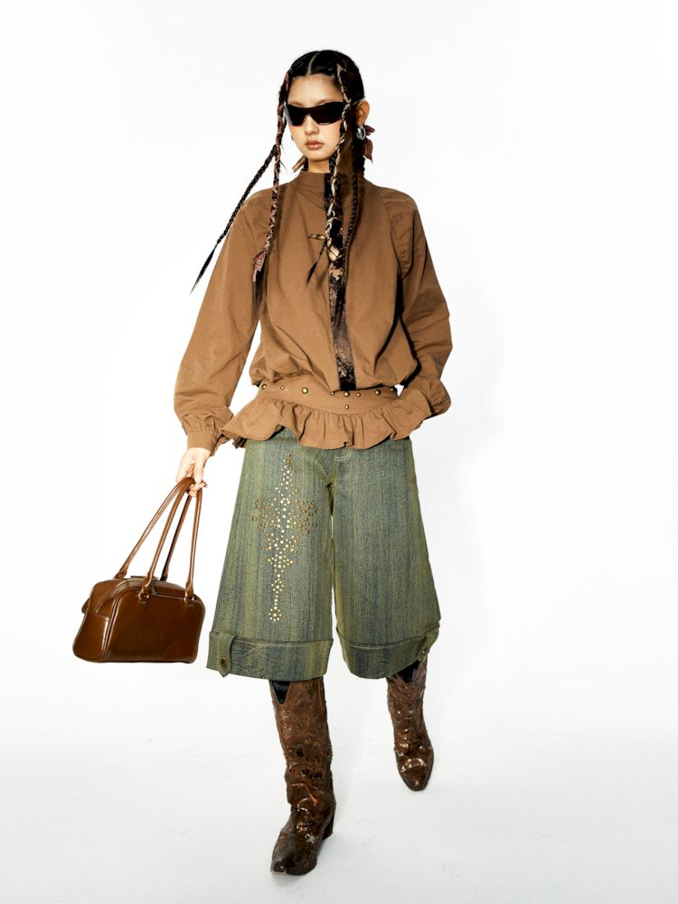 장식 된 렌더링 된 세척 데님 미디 바지 [S0000006271]