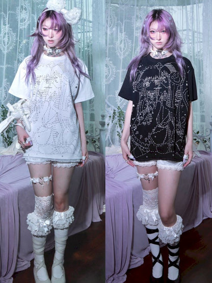 BLACK AND WHITE LOOSE LACE T-SHIRT [S0000009271]