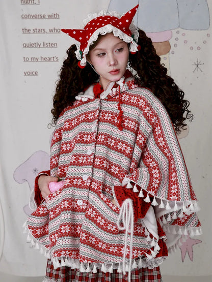 Showa-Era Vintage Red Sweater Cape Coat【s0000014110】