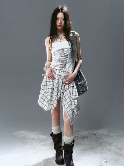 Asymmetrical patchwork plaid strapless dress【s0000012808】