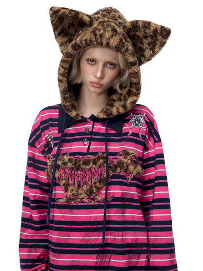 Pink Striped Leopard Cat Ear Hood【s0000015115】