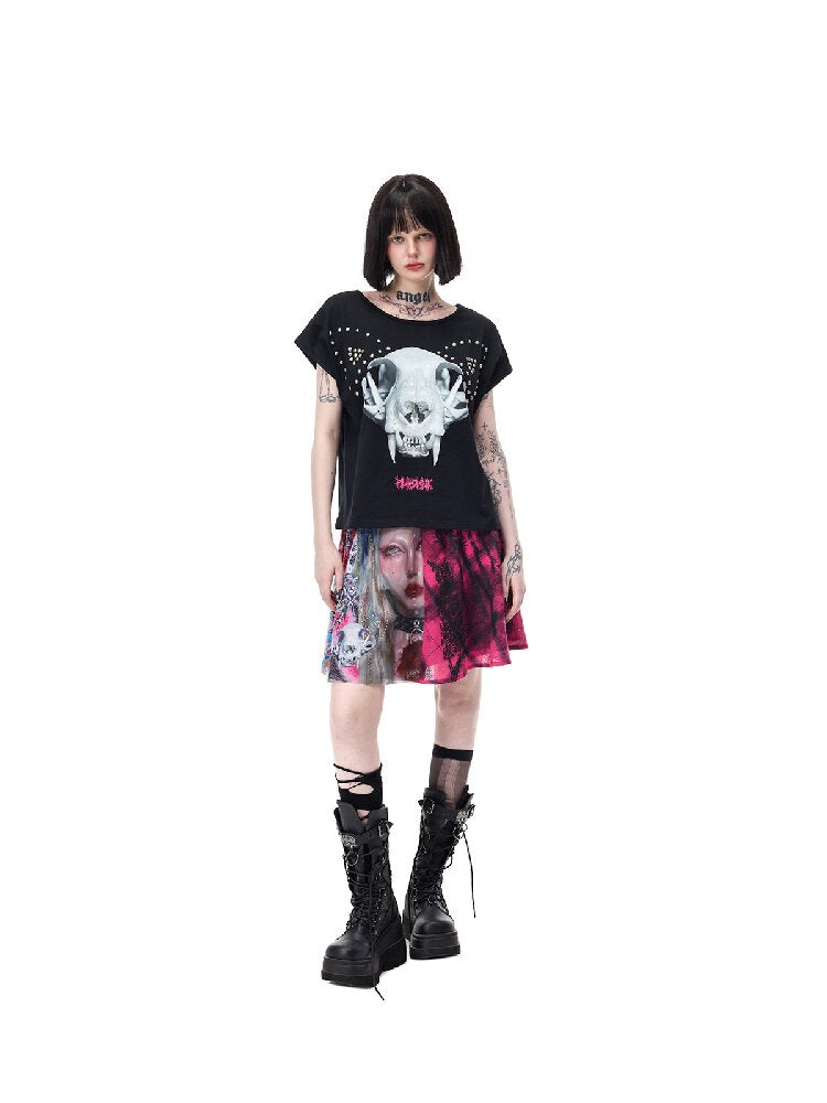 Cat Bone Print Riveted T-Shirt【s0000017714】