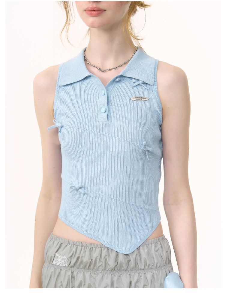 Polo Neck Blue Knit Vest【s0000012256】