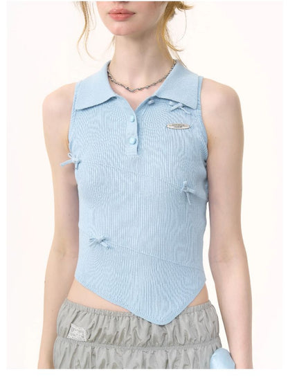 Polo Neck Blue Knit Vest【s0000012256】