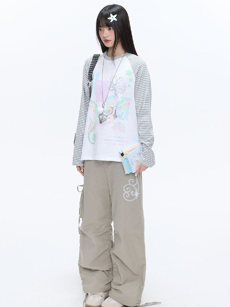 Loose Print Striped Raglan Top【s0000016378】
