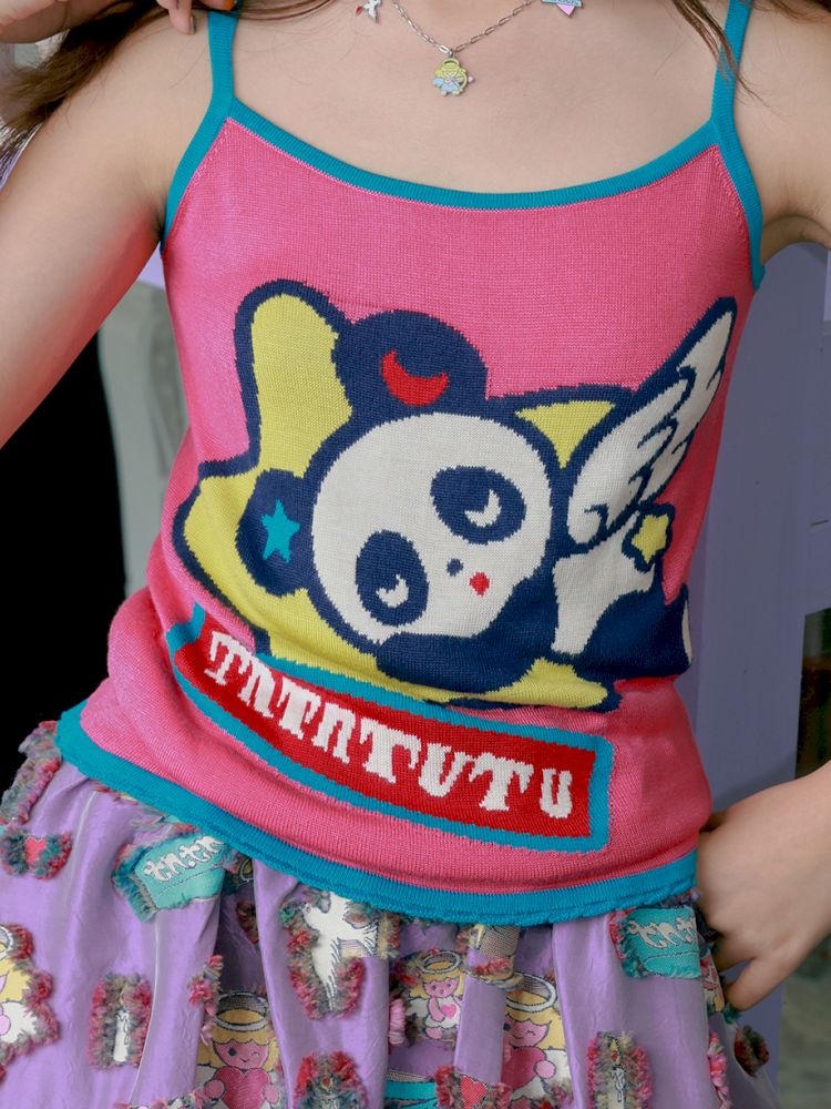 Panda angel pattern knitted halter top【s0000012755】