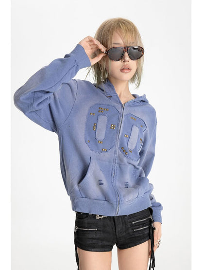 Embroidered Distressed Zipper Hoodie【s0000018569】