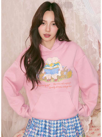 Pink Lamb Illustration Print Hooded Sweatshirt【s0000014820】