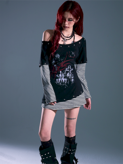 Slash Neck Slim Waisted Dresses t-shirt【s0000013694】