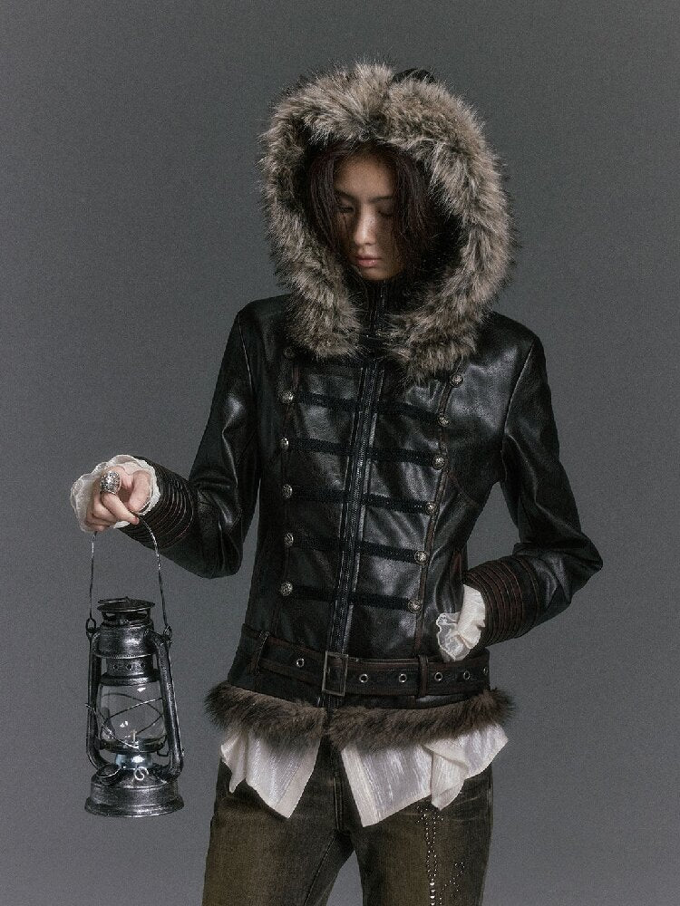 Napoleon Hooded Wool Collar Leather Coat【s0000019239】