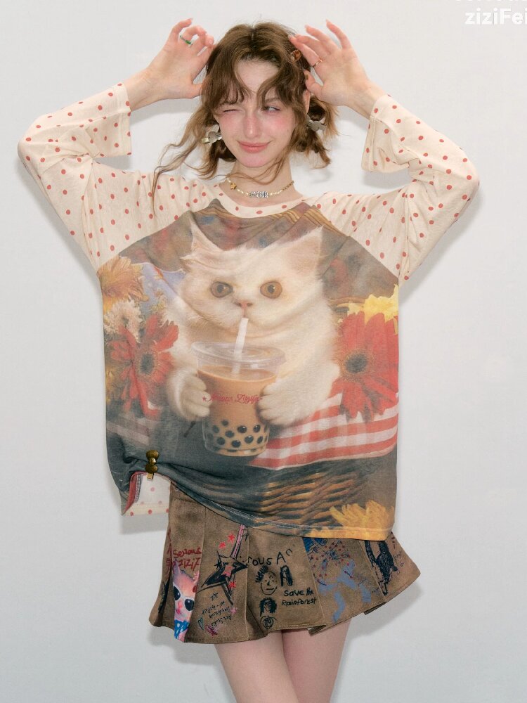 Raglan Cat Print Long Sleeve Top【s0000017886】