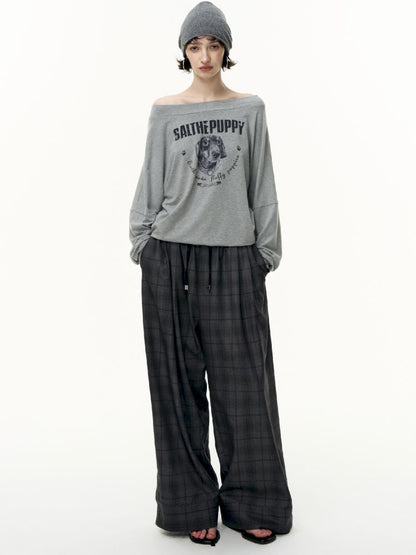Puppy Printed Slant Shoulder Long Sleeve T-Shirt【s0000013744】