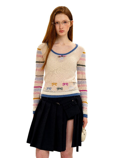 Contrast Striped Bow Knit Sweater【s0000016109】