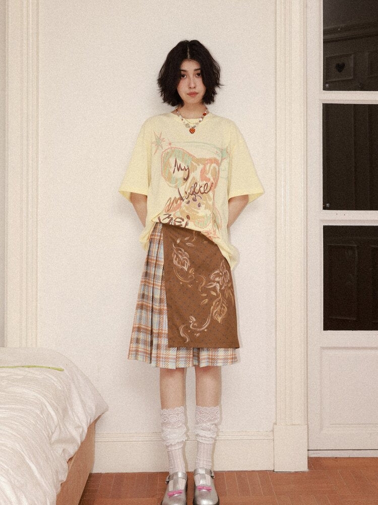 Plaid Flower Pleated Spliced Skirt【s0000015465】