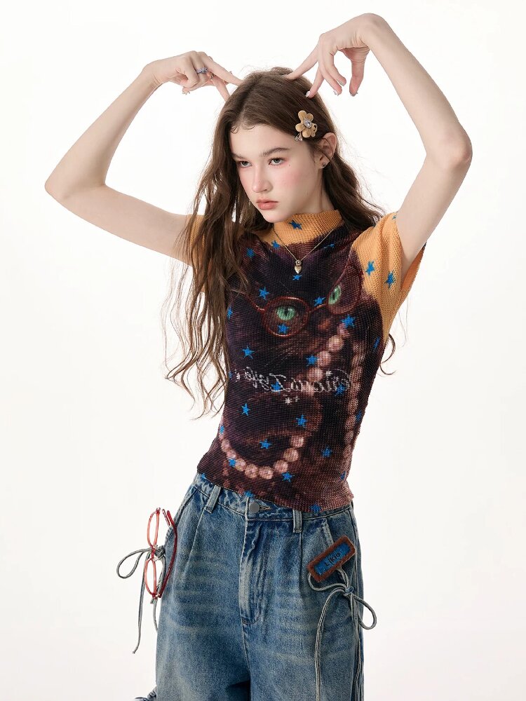 Star Cat Print Pleated T Shirt【s0000017314】