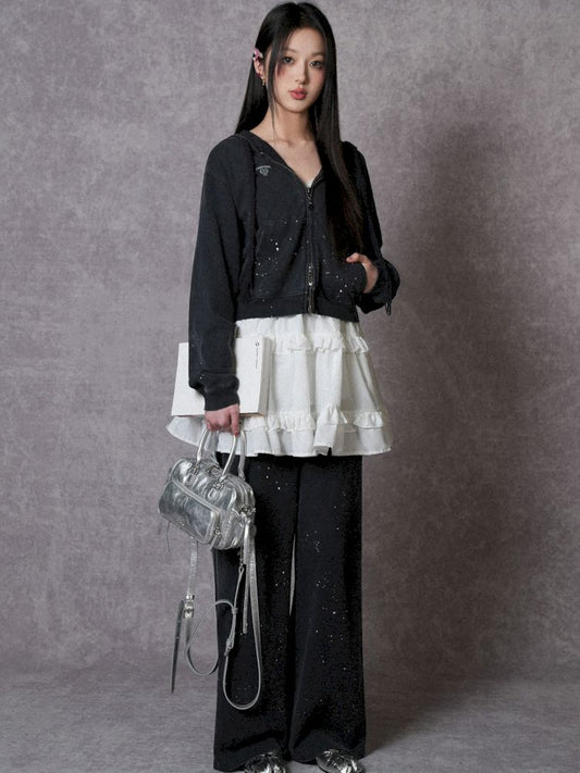 Hole Breaking Hooded Sweatshirt Cardigan Pants【s0000008579】