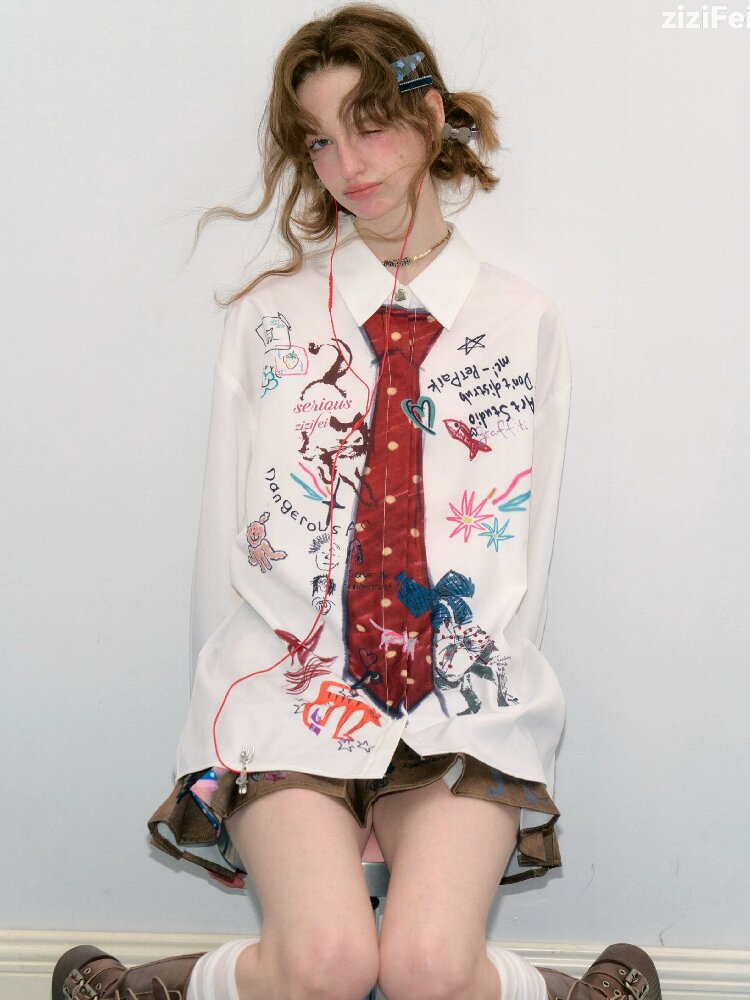 Graffiti Print Long Sleeve Shirt【s0000017890】