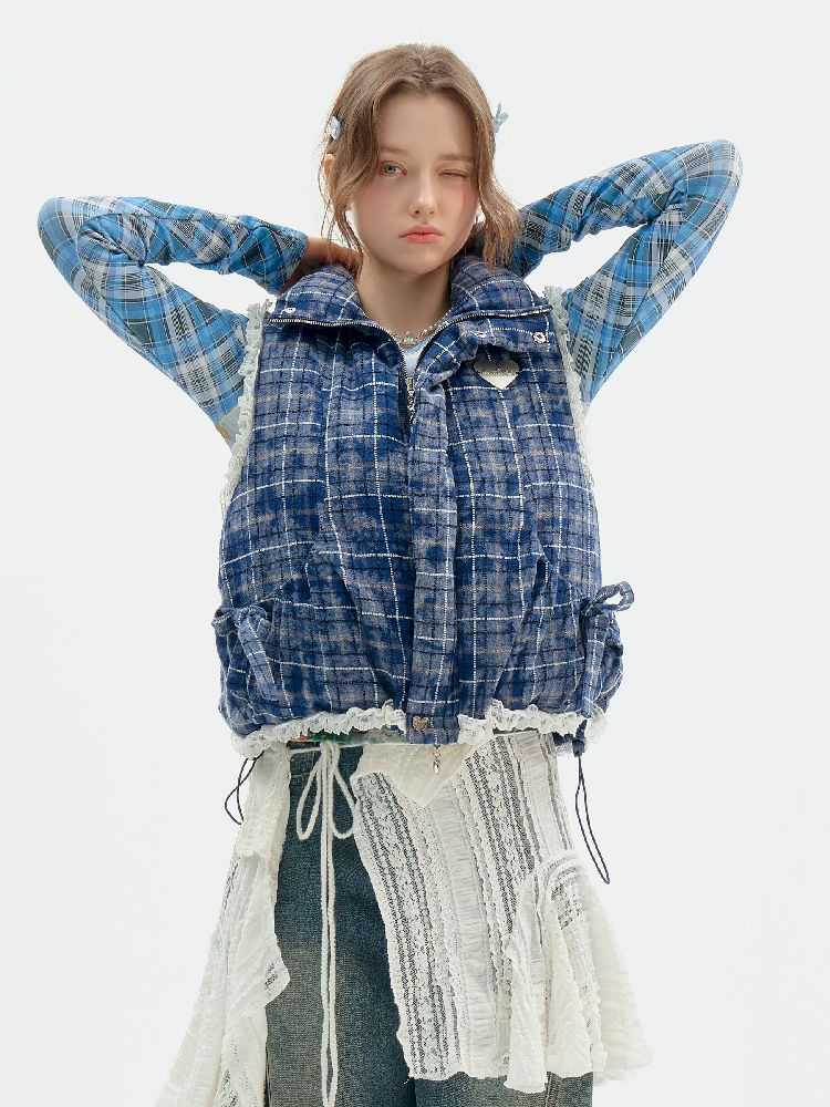 Checkered Splicing Lace Cotton Vest【s0000011504】