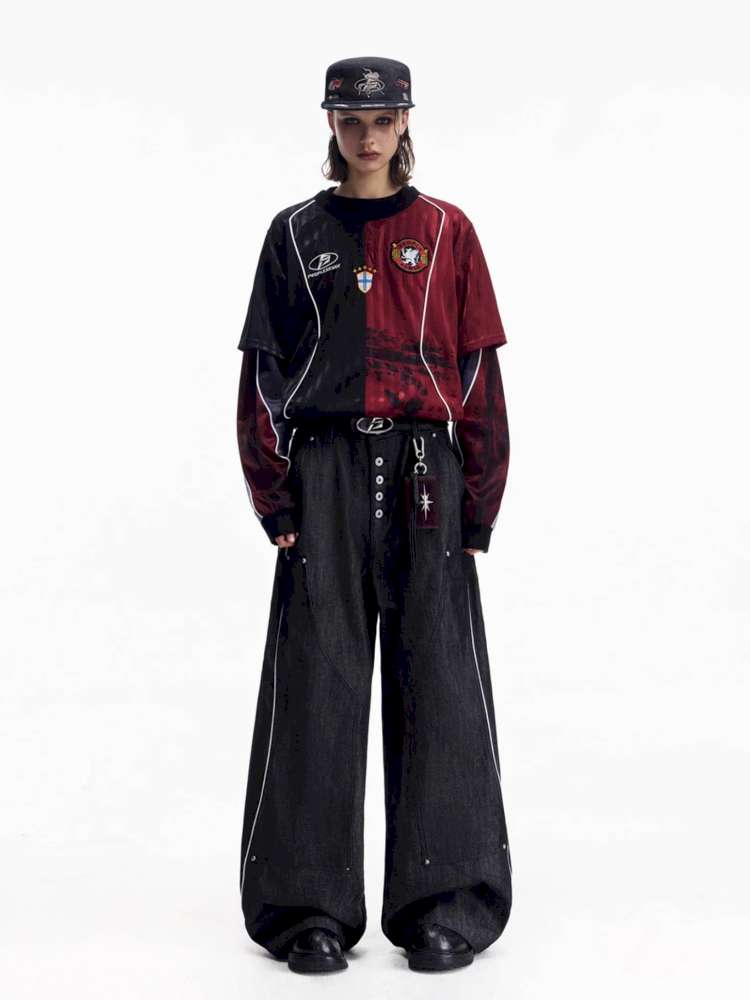Red Trim Wide Leg Cotton Jeans【s0000015172】