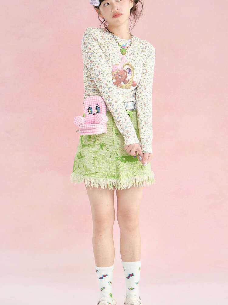 Floral Bear Stretchy Long Sleeve Top【s0000018725】