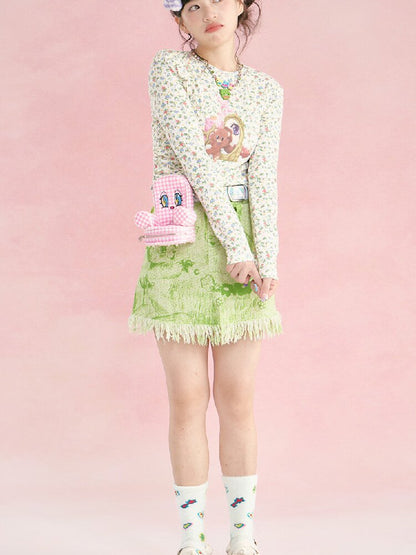 Floral Bear Stretchy Long Sleeve Top【s0000018725】