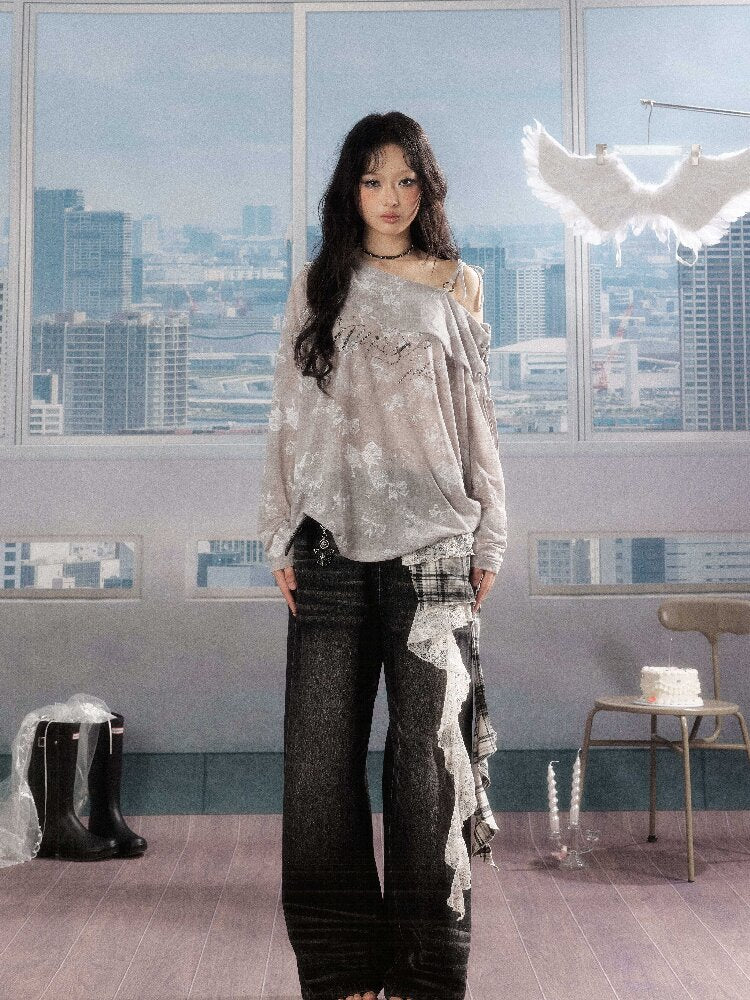 Plaid Ruffled Wide Leg Jeans【s0000016268】