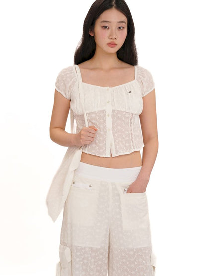 Stretch large neckline short-sleeved cardigan top【s0000013448】