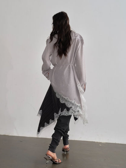 Lace Applique Ruffled Striped Shirt【s0000015700】