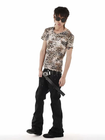 Leopard Slogan Printed V-Neck Tee【s0000018252】