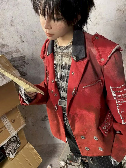 Red distressed blazer【s0000010333】