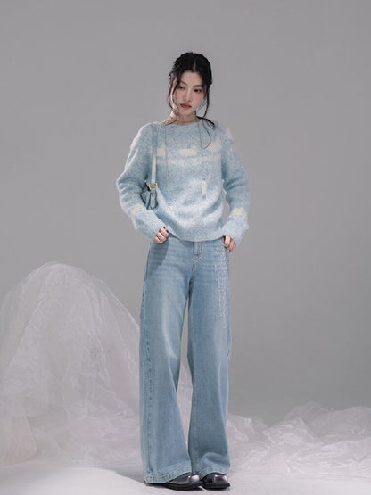 Blue One-Shoulder Jacquard Sweater【s0000015736】