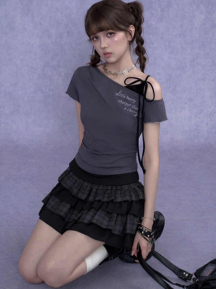 Cross-Shoulder Fake Two-Piece T-Shirt【s0000017683】