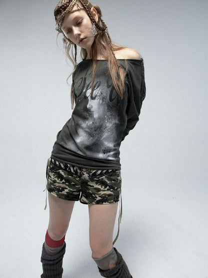 Slant Shoulder Round Neck Printed T-Shirt【s0000011842】