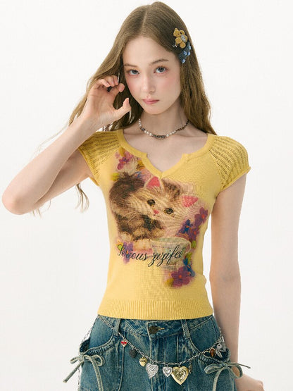 Warm Yellow Cat Print Knitted T-Shirt【s0000017148】
