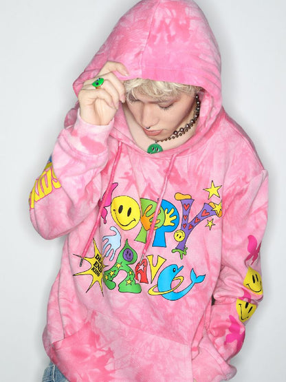 Smiley Pink Tie-Dye Hooded Sweatshirt [S0000010262]