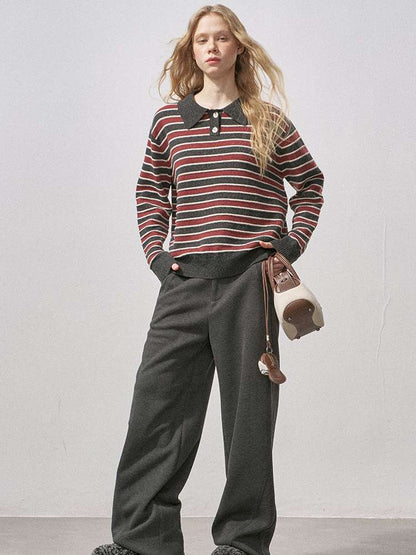 Cotton-wool Striped Polo Jumper【s0000015417】