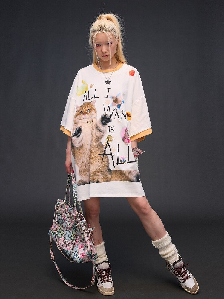 Cat Print Loose Fit T-Shirt【s0000017028】