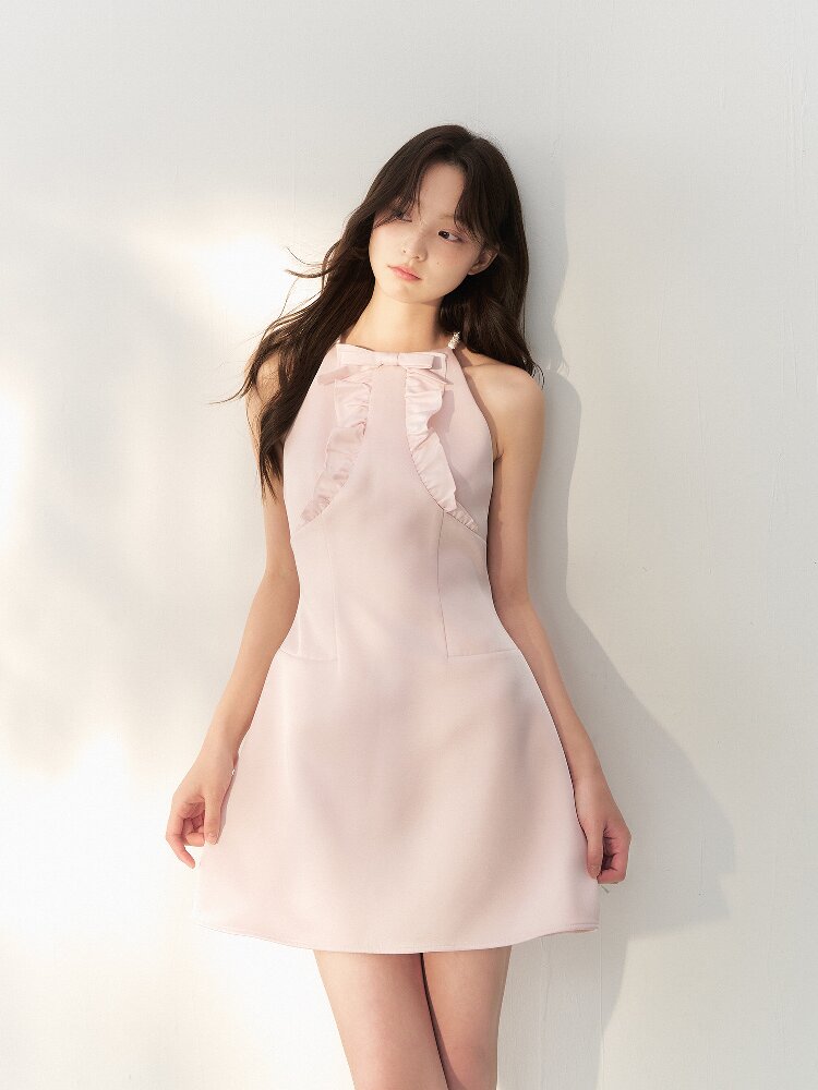 Glossy Satin Ruffled Halter Dress【s0000016873】