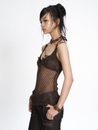 Dark Brown Sequin Mesh Halter Tank【s0000017649】