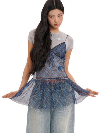Colorful plaid split bow tie halter dress【s0000013433】