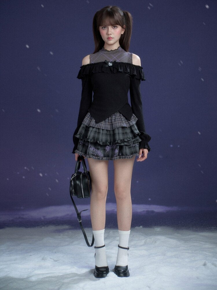 Dark Flower Purple Shoulder Top【s0000015468】